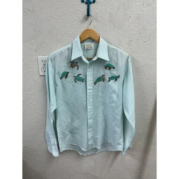 Tia Designs | Tops | Tia Designs Vintage 9s Embroidered Sea Turtle Striped  Button Up Blouse | Poshmark
